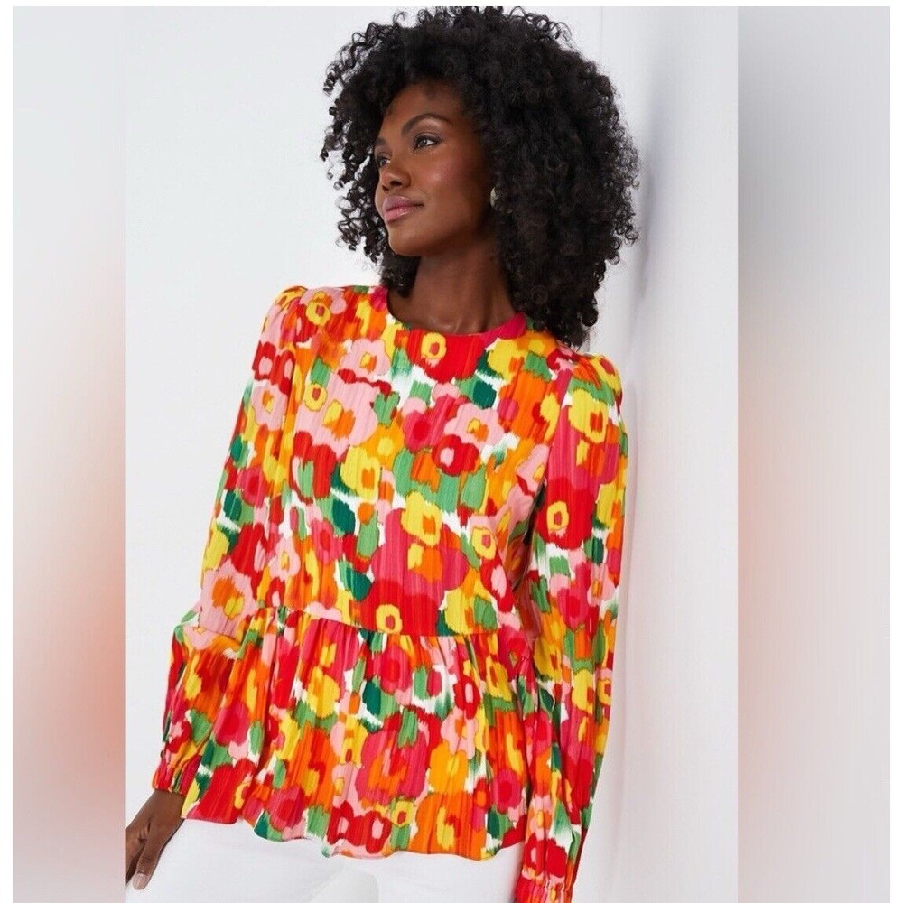 Pomander, Vibrant Orange and Green Long Sleeve Peplum Blouse